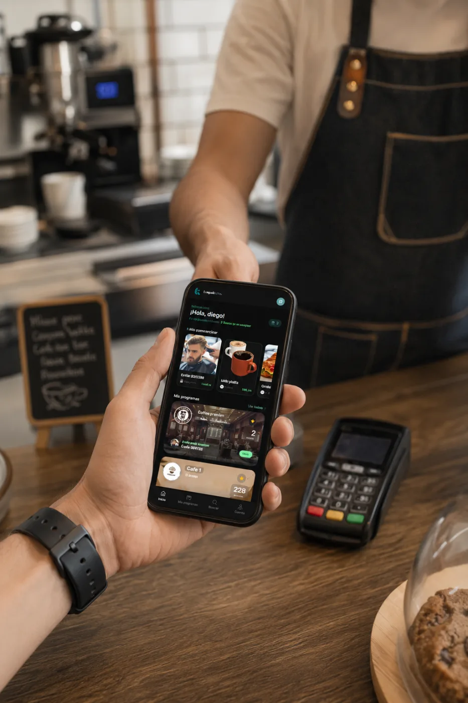 Cliente mostrando su tarjeta de lealtad Loyalbits en el teléfono al pagar en un café