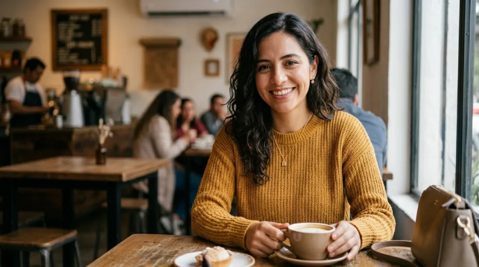 Clienta sonriendo en una cafetería con su taza de café