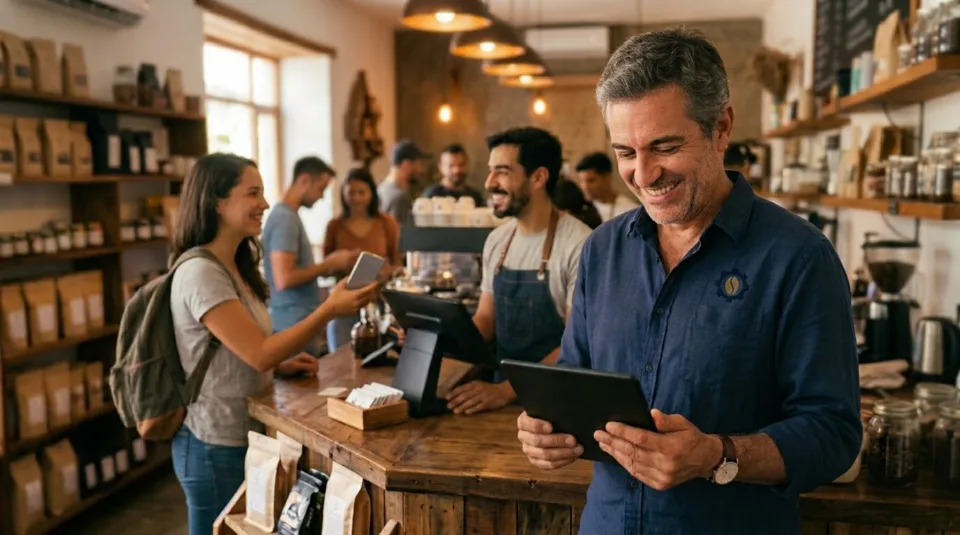 Dueño de un negocio revisando su tableta en el mostrador de su cafetería
