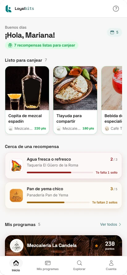 Inicio de la cuenta de un usuario: recompensas listas para canjear, recompensas cercanas y sus programas